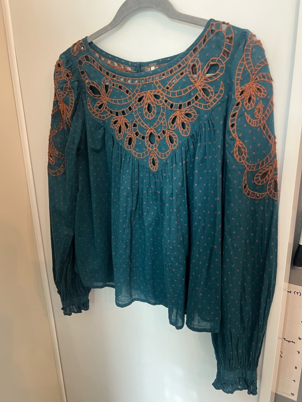 Free People Teal Peasant Blouse with Rust Embroidery